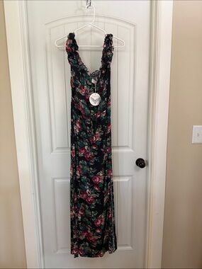 Auguste The Label Strapless Black Floral Maxi Dress with Pink & Green Flowers